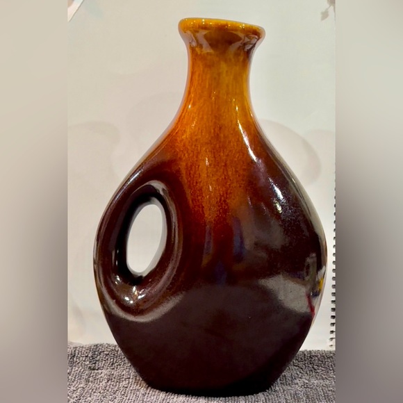 BROWN AND AMBER GLAZED CERAMIC VASE OBLONG DECOR CUTOUT HANDLE.9” - Picture 2 of 6
